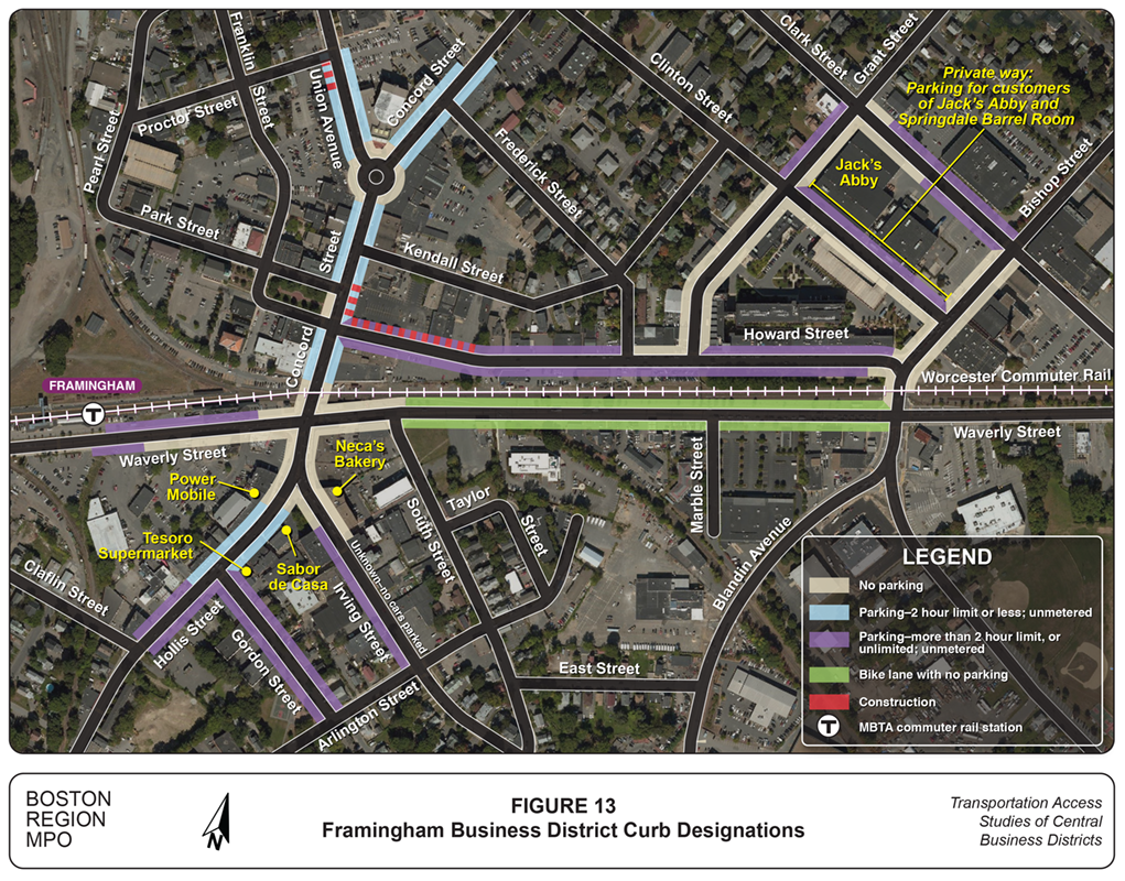 Framingham Business District Curb Designations
This figure is a map showing the curb lane designations in the Framingham central business district, and the businesses where customer surveying was conducted.
